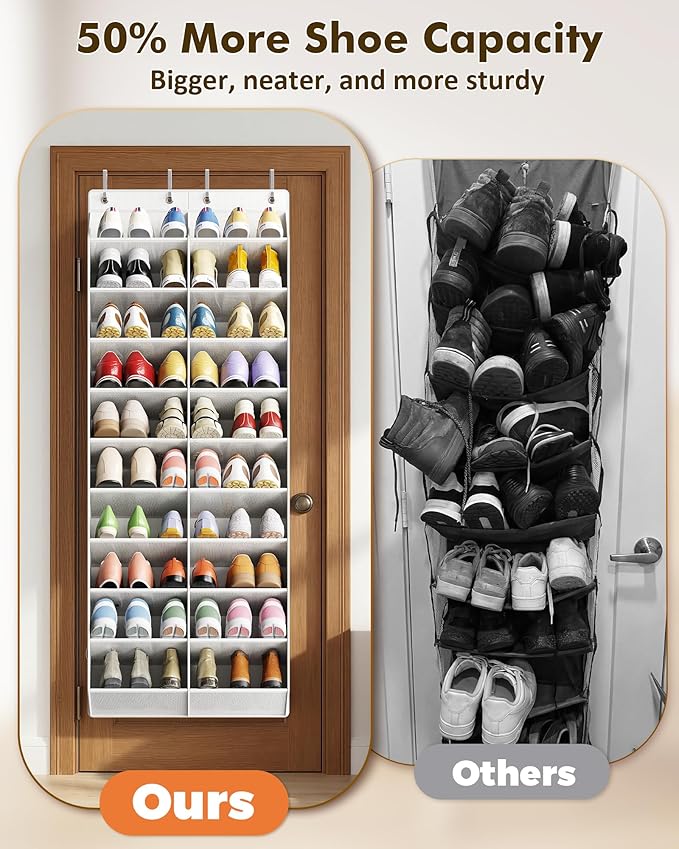 20-30 Pairs Over the Door Shoe Organizer, 10 Tiers Shoe Rack for Door, Hanging Shoe Organizer Storage for Closet, Bedroom, Bathroom with Wider & Deeper Pockets, White