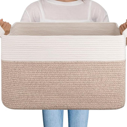 OIAHOMY Extra Large Blanket Basket, 95L Cotton Rope Woven Laundry Basket, Toy Bin for Baby Room, Container for Blanket Storage in Living Room, 24''×17''×14'', Brown & White