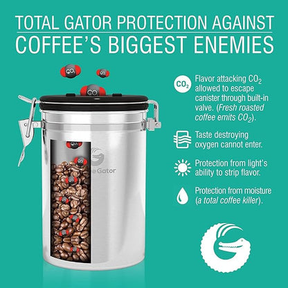 Coffee Gator Coffee Canister, Airtight Stainless Steel Kitchen Food Storage Container with Date Tracker, Scoop for Sugar, Grounds Coffee, Beans,Tea, Sugar, Cereal, Flour, Cookies Jars (Orange, 22oz)