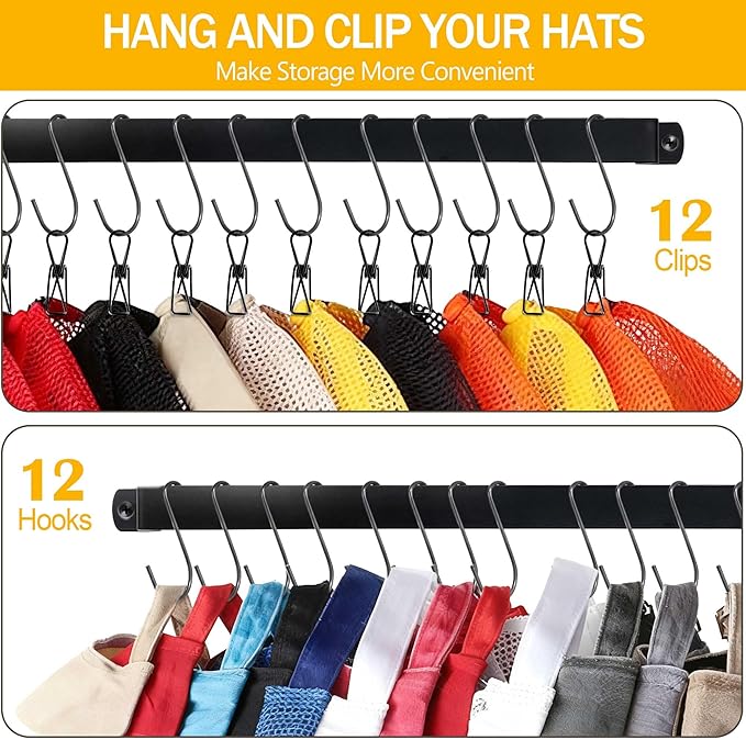 AQAREA Hat Rack Closet Storage Wall: 12 Adjustable Stainless Steel Clips and 17 Inch Hat Holder - Hat Hanger Display Space Saving - Tie Belt Hanger for Closet Storage Solution - 2 Pack