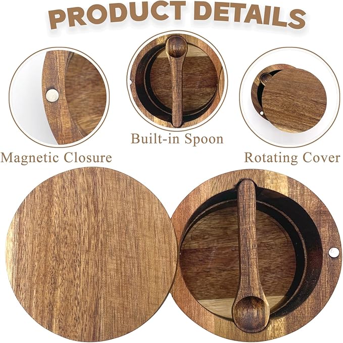 6.5 Ounce Acacia Wood Spice Box with Built In Spoon and Magnetic Rotating Lid Elegant Kitchen Salt Container Holder for Storing Pepper Spices Salt or Your Favorite Seasonings