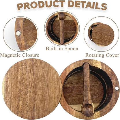 6.5 Ounce Acacia Wood Spice Box with Built In Spoon and Magnetic Rotating Lid Elegant Kitchen Salt Container Holder for Storing Pepper Spices Salt or Your Favorite Seasonings