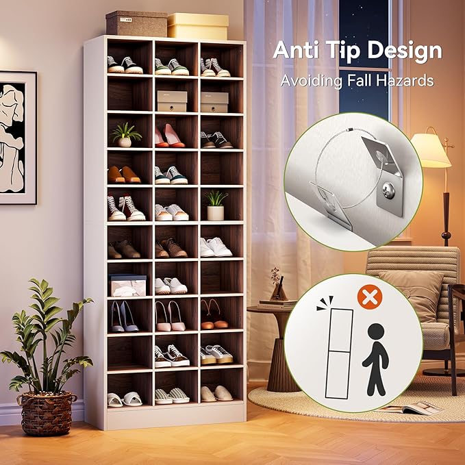 LITTLE TREE 70.9" Tall Shoe Rack, 10-Tier Freestanding Shelf, Max. Store 30 Pairs, Shoe Cabinet Organizer for Living Room, Entryway, Cloakroom, White + Brown
