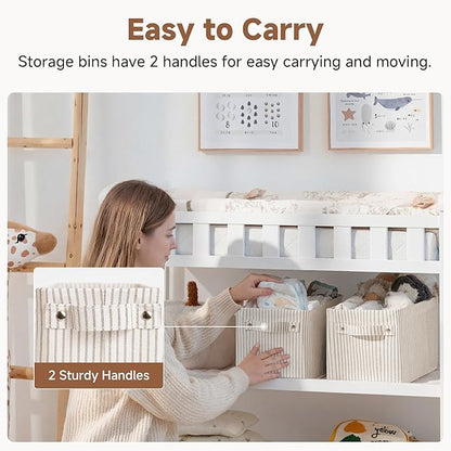 StorageWorks Narrow Storage Bins, Small Basket for Closet and Shelves, Rectangular Fabric Organizer with Handles, Toilet Paper Storage, Khaki and Beige Stripes, 2-Pack