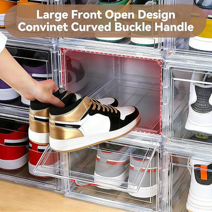 BVBOX Acrylic Shoe Storage Boxes with Magnetic Door - 360° Clear Stackable Shoe Display Box Set, Plastic Shoe Cabinet Rack Box for Sneakers Heels Shoes (1, Clear, L - Front Open)