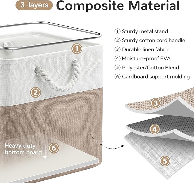 12 x 12 Inch Cube Storage Bins, 4 Pack Fabric Storage Basket with Handles, Foldable Boxes Organizer for Shelf Baskets for Home, Clothes (White/Khaki)