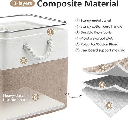 13 x 13 Inch Cube Storage Bins, 6 Pack Fabric Storage Basket with Handles, Foldable Boxes Organizer for Shelf Baskets for Home, Clothes (White/Khaki)
