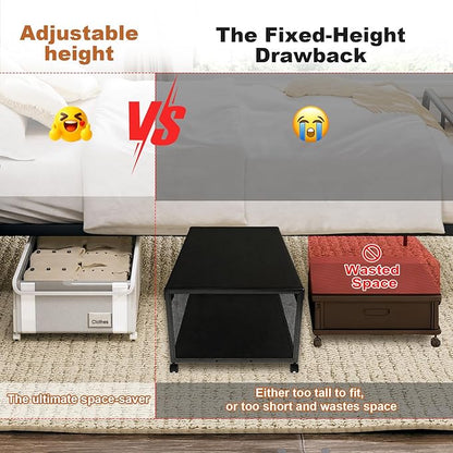 Fokyfok 2Pack Under Bed Storage with Wheels,6.7"-9" Adjustable Height Underbed Storage,Under Bed Storage Containers,Rolling Under Bed Clothes Storage,Metal Under Bed Drawers for Shoes,Blankets,Toys