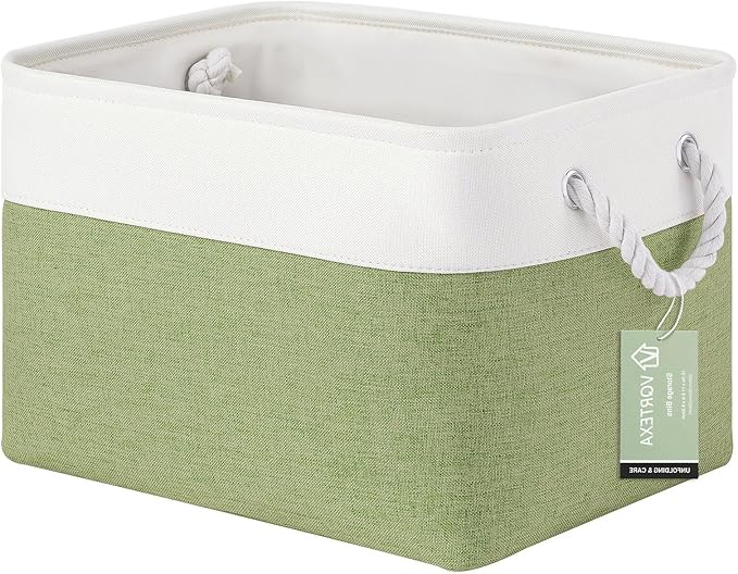 Large Storage Baskets- 15x11x10 inch Storage Bins for Shelves and Closet Organizing, Foldable Fabric Bin for Home Organization Clothes and Laundry (1-Pack, White&Green)