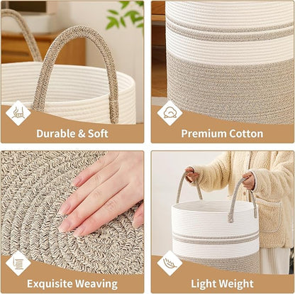 Laundry Basket Hamper Tall Rope Storage Woven for Blanket toys Dirty Clothes in Living Room Bathroom Bedroom (Brown&White, 100L/26.4Gal)