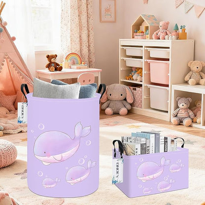 Round Cute Whale Laundry Basket,Collapsible Laundry Hamper for Nursery,Toy Storage Bin for Kids Girls,Waterproof Storage Basket for Home,Bedroom,Playroom,New Parent Gift(Purple Whale)