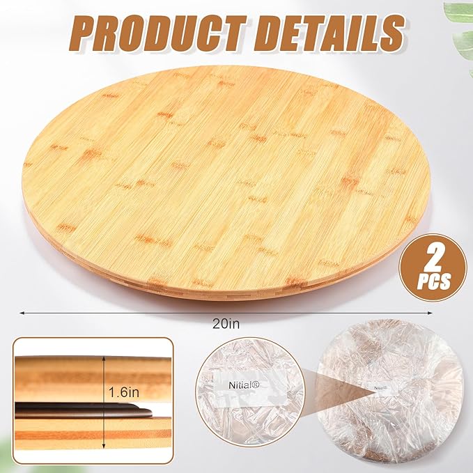 Nitial 2 Pack Bamboo Wood Lazy Susan Rotating Turntable Organizer Wooden Charcuterie Board Cheese Board Turntable for Dining Table Kitchen Cabinet Countertop Pantry Storage (20 Inch)