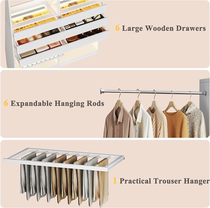 120'' Closet System Set with 6 Hanging Rods & LED Lights, 5.7-10.4FT Closet Organizer System with 6 Wood Drawers & 2 LED Glasstop, Walk-in Closet Organizer Wardrobe Clothes Rack, Garment Rack, White