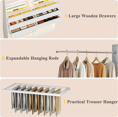 120'' Closet System Set with 6 Hanging Rods & LED Lights, 5.7-10.4FT Closet Organizer System with 6 Wood Drawers & 2 LED Glasstop, Walk-in Closet Organizer Wardrobe Clothes Rack, Garment Rack, White