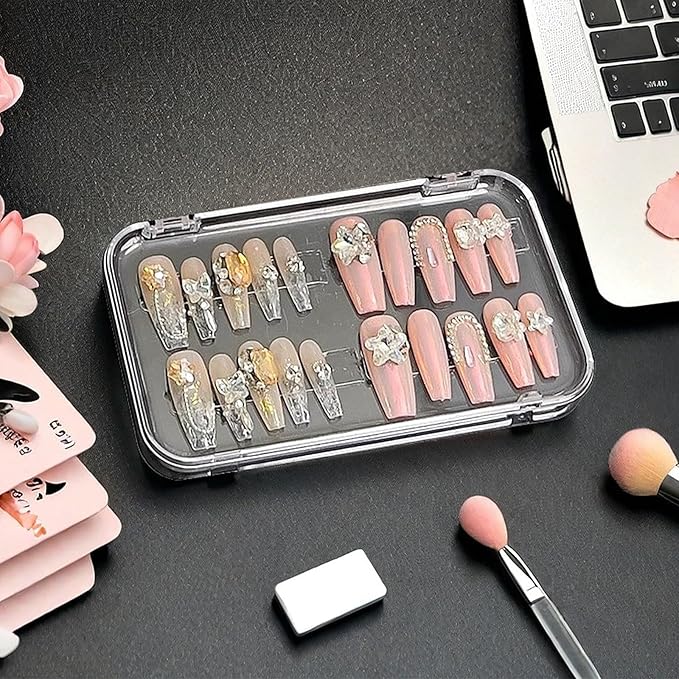 Press on nail storage Large Acrylic Nail Storage Box - Portable Versatile Organizer for Press - On Nails, Jewelry and More with 90 Pcs Adhesive Double Sided Tape 12 PCS