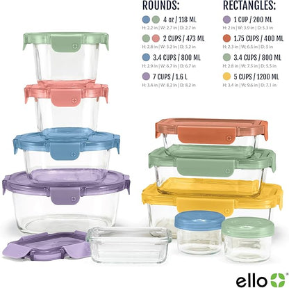 Ello Color Lock 20PC Mixed Glass Food Storage Sets, Leak-Proof Glass Food Storage Containers with Airtight BPA-Free Plastic Lids, Dishwasher, Microwave, and Freezer Safe, Desert Festival
