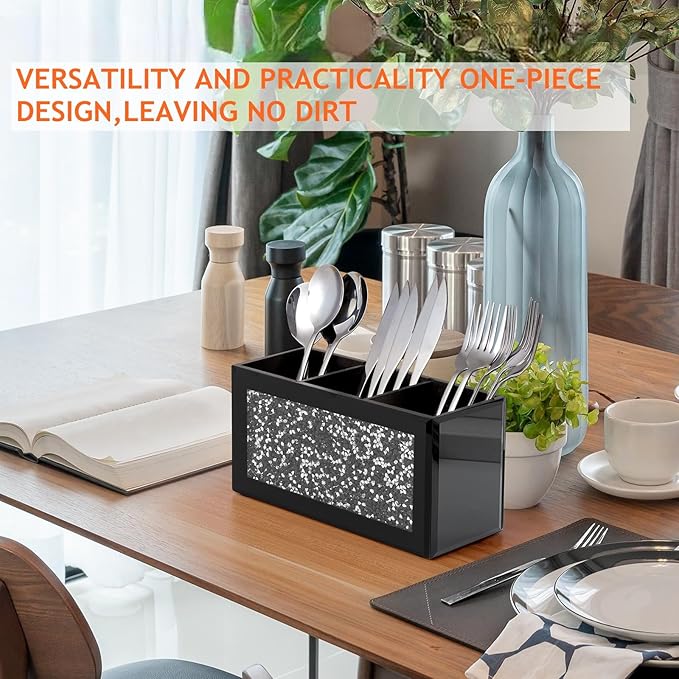 SHYFOY Silverware Holder, Black Glass Mirror Utensil Caddy, 3-Slot Silverware Organizer with Crystal Diamonds, Cutlery Holder for Party, Fork Spoon Knife Organizer (Pack of 2)