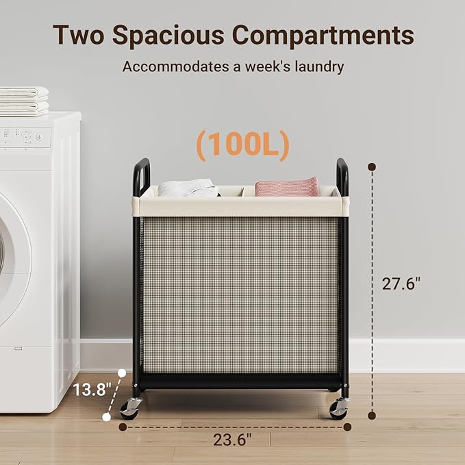 ELYKEN Laundry Hamper 2 Section, 100L Rolling Laundry Sorter with Removable Liner Bag, Laundry Basket with Wheels, Steel Frame with Metal Handle, Clothes Hamper Cart for Laundry Room & Bedroom
