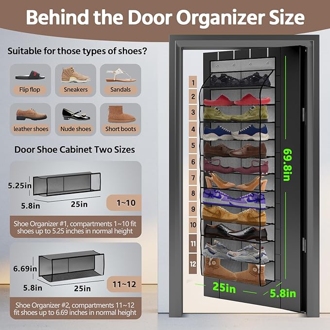 PAULONE 12 Pocket Over the Door Shoe Organizer,Reusable Breathable Large Mesh Bag Men's & Women's Sneaker Organizer,Shoe Organizer for Kids,Hanging Shoe Storage Hanging Bag (Grey)
