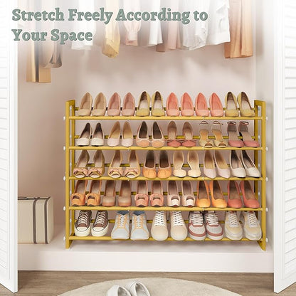 FAVOOSTY 5-Tier Expandable Shoe Rack, Adjustable Shoe Shelf Storage Organizer Space Saving Metal Free Standing Shoe Rack for Entryway Closet Doorway, Silver Grey (Gold, 5 Tier)