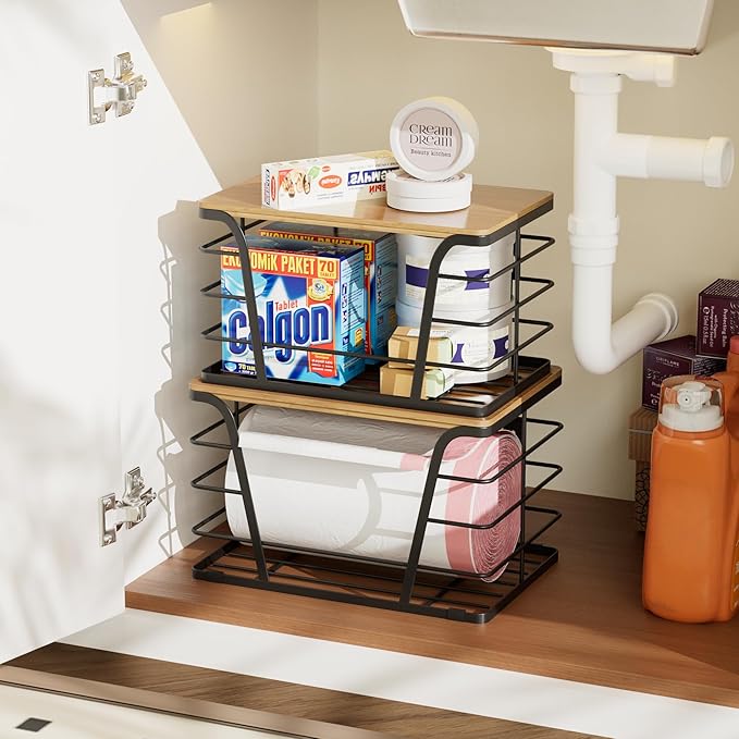 TIDIIABODE 2 Pack Extra Large Pantry Storage Organizers, Pantry Baskets organization, Potato and Onion Storage Bin, Wall Mount Trash Bag Storage for 13-33 Gallon Bags with Bamboo Top, Black