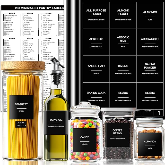 288 Pantry Labels for Food Containers, Black Preprinted Minimalist Waterproof Stickers for Organizing Storage Bins, Jars and Kitchen