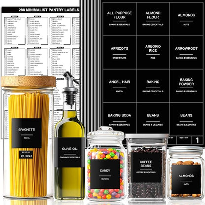 288 Pantry Labels for Food Containers, Black Preprinted Minimalist Waterproof Stickers for Organizing Storage Bins, Jars and Kitchen