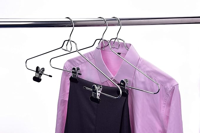 6 Quality Add-On Skirt Blouse Hanger Heavy-Duty Add-On Skirt Hangers with Clips, Multi Stackable Add on Hangers, Adjustable Wide Clip Pants Hanger, Chrome (Skirt Hanger - Wide Clips, 6)