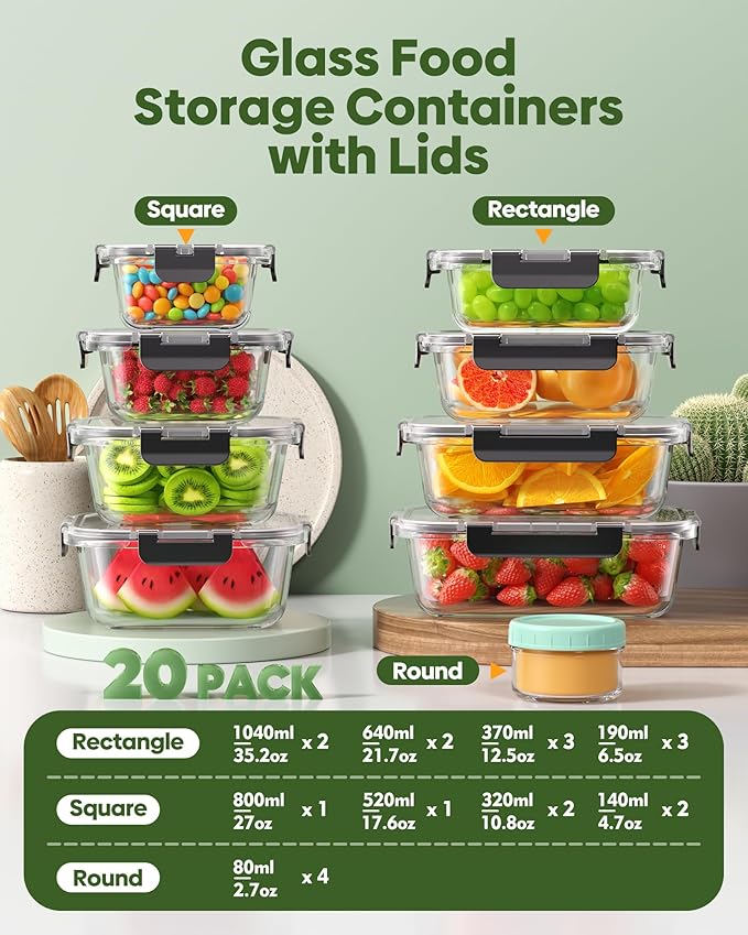 KEMETHY 40 PCS Glass Food Storage Containers with Lids(20 Container & 20 Lid), Borosilicate Glass Meal Prep Containers for Kitchen Storage and Organization, BPA-Free, Leak Proof, Reusable