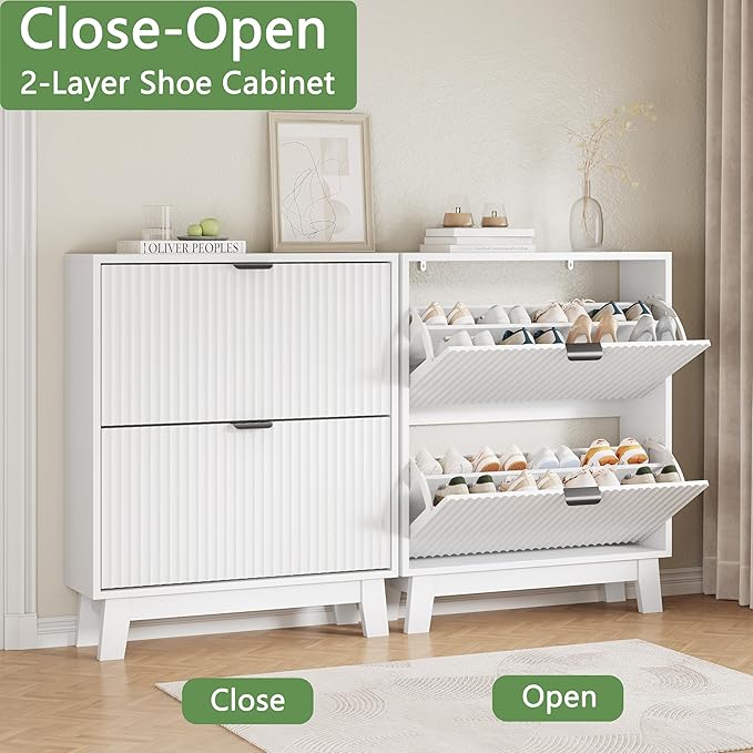 Xixini Shoe Cabinet with 2 Flip Drawers, 37" Tall Narrow Fluted Shoe Storage Organizer for Entryway, Hidden Slim Wooden Shoe Rack Cabinet for Front Door Entrance, Hallway, Living Room, Solid White