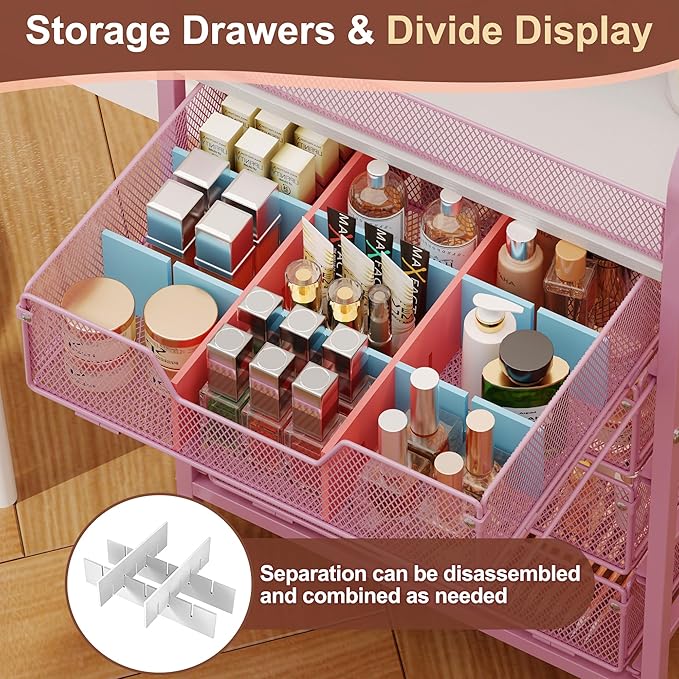 Hongtamoya Makeup Cart Organizer with 4 Drawers, Large Floor Skincare Organizers, Vanity Storage Organizer Cosmetics Display Cases for Skin Care Perfume Nail Polish, Pink