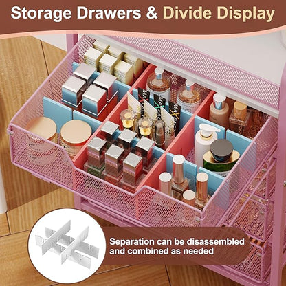 Hongtamoya Makeup Cart Organizer with 4 Drawers, Large Floor Skincare Organizers, Vanity Storage Organizer Cosmetics Display Cases for Skin Care Perfume Nail Polish, Pink