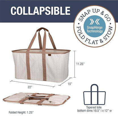 CleverMade Collapsible Laundry Tote 2-Pack (50L) – Foldable Carry-All Storage Bin for Laundry, Car Trunk, RV, Dorm & Home Organization – LUXE Cotton Blend with Vegan Leather Accents, Cream