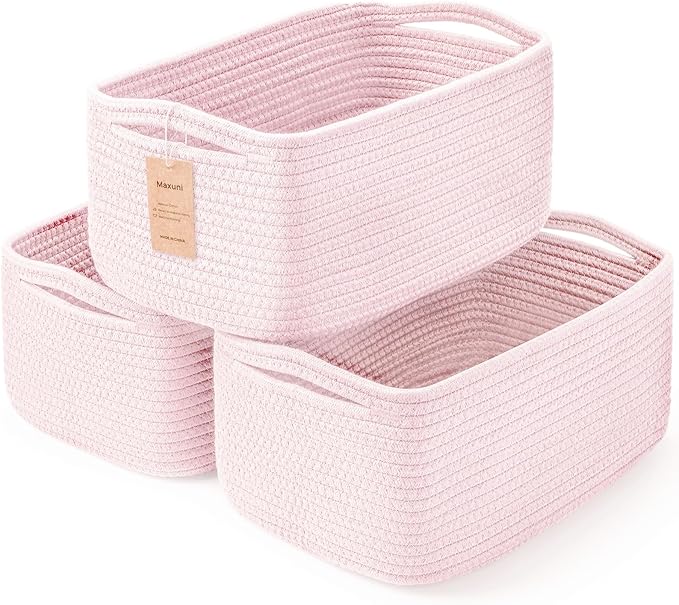 3-Pack Storage Baskets for Organizing | Woven Shelf Toy Basket | Rope Baskets for Gifts Empty | Closet Organizer Bins with Handles | Cube Decorative Box | 13.7×7.1×6.7” | Mixed Pink