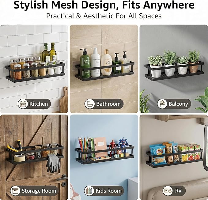 PUSDON 2-Pack 16.5" Extra Long Slim Shower Caddy, Adhesive Wall Mount Bathroom Organizer, Rustproof Open Frame Mesh Spice Rack for Kitchen, Holds 50LBS - Matte Black, Guardrail