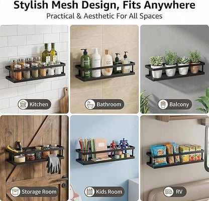 PUSDON 2-Pack 16.5" Extra Long Slim Shower Caddy, Adhesive Wall Mount Bathroom Organizer, Rustproof Open Frame Mesh Spice Rack for Kitchen, Holds 50LBS - Matte Black, Guardrail