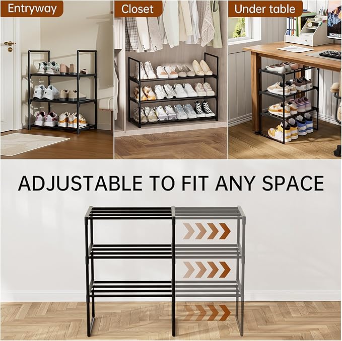 HAIXIN Expandable Shoe Rack - Adjustable Shoe Organizer Storage Shelf for Closet, Upright and Upside Down, Stackable Small Shoe Stand for Entryway, Living Room, Front Door, 3 Tier