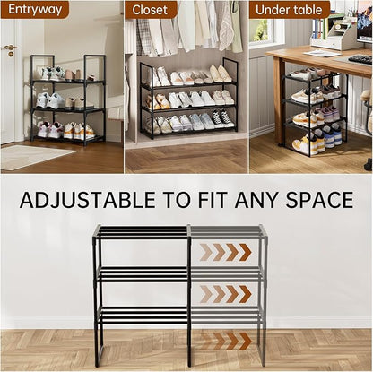 HAIXIN Expandable Shoe Rack - Adjustable Shoe Organizer Storage Shelf for Closet, Upright and Upside Down, Stackable Small Shoe Stand for Entryway, Living Room, Front Door, 3 Tier