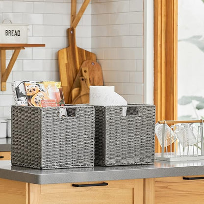 Vagusicc Wicker Storage Basket, Set of 2 Hand-Woven Storage Baskets for Shelves with Handles, Foldable Cube Storage Baskets Bins Organizer 13 inch Large Wicker Baskets for Pantry Bedroom Decor, Grey