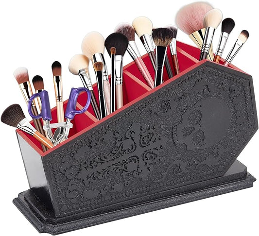 Gothic Coffin Decor Makeup Brush Holder,Spooky Witchy Gifts for Women,Skull Cosmetic Display Cases,Goth Decor Pen Holder, Vanity, Desk, Office Organizer for Mothers Day Bedroom Bathroom (Red)