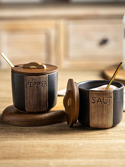 Salt and Pepper Bowl, Ceramic Salt Containers for Countertop, Salt and Pepper Cellar with Lid and Spoons, Black