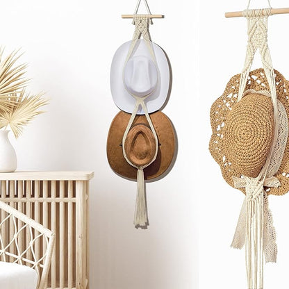 Yulejo Macrame Hat Hangers Racks Boho Cowboy Hats Holders Western Display Organizer Storage decor Back of Door for Wall(White,Two Hats Style)