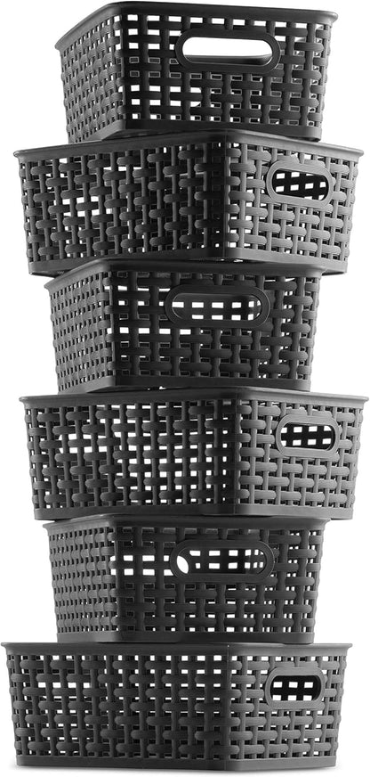 Set of 6 Plastic Storage Baskets - Small Pantry Organizer Basket Bins - Household Organizers with Cutout Handles for Kitchen Organization, Countertops, Cabinets, Bedrooms, and Bathrooms
