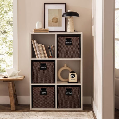 UBBCARE 4 Pack Wicker Basket, 13×13 Storage Cubes with Label, Foldable Cube Storage Bin with Handle, Square Storage Basket for Shelves, Woven Paper Rope Basket for Organizing, Brown