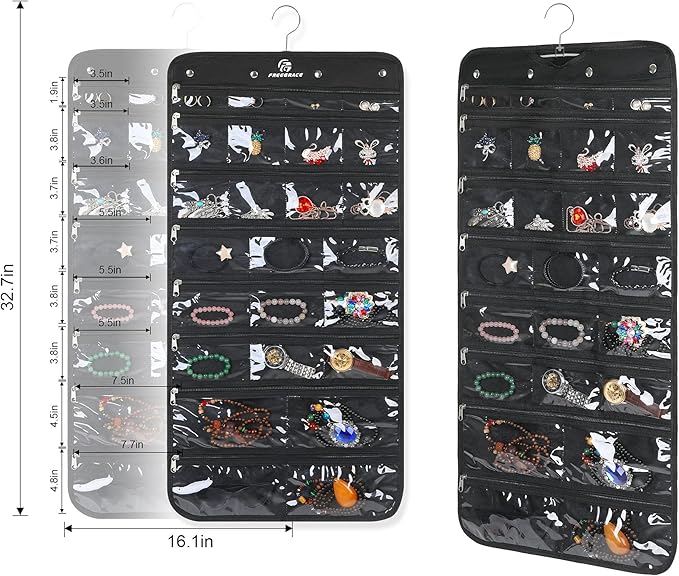 Hanging Jewelry Organizer with 50 Transparent Pockets, 360° Rotating Hanger & Secure Zipper Closure - Foldable Double Sided Jewelry Storage Bag for Earrings, Rings, Necklaces, Bracelets (Black)