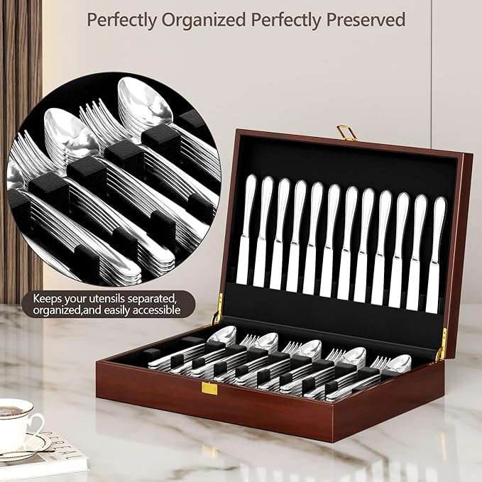 Solid Walnut Silverware Storage Box,Silverware Chest Case with Black Felt Lined,Wood Flatware Storage Box for 12 sets of Utensils,Silverware Chest without Silverware,Silverware Organizer with Lid