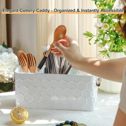 Silverware Caddy for Party Kitchen Flatware Holder for Countertop Metal White Honeycomb Pattern Embossed Cutlery Organizer with 3 Compartments for Utensils, Spoons, Knives, Forks, Cups,
