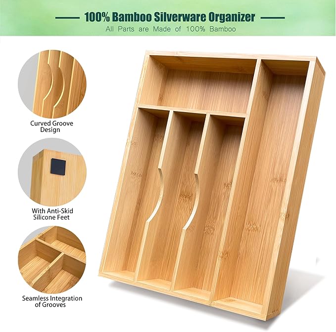 guiogc Bamboo Silverware Drawer Organizer, Silverware Organizer, Silverware Utensil Tray Holder and Cutlery Tray for Flatware and Kitchen Utensils