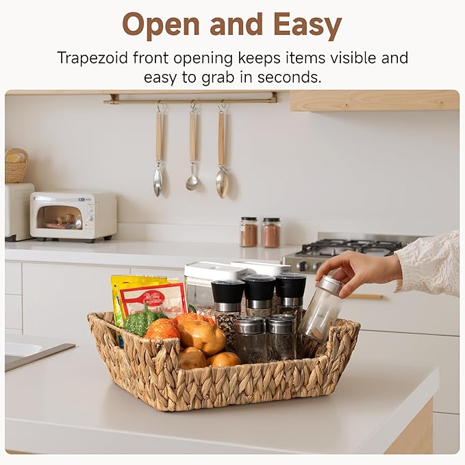 StorageWorks Water Hyacinth Baskets for Organizing with Built-in Handles, Stackable Wicker Pantry Baskets for Shelf, Pantry Organizers and Storage for Shelves,2-Pack