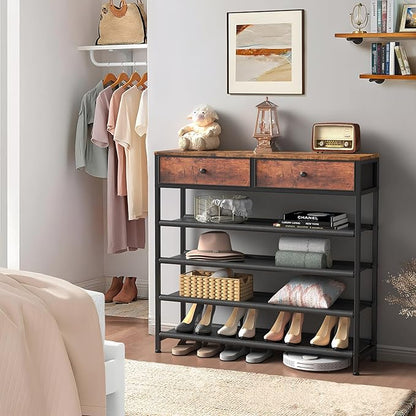 usikey Shoe Rack, 5 Tier Shoe Storage Organizer with 2 Drawers, Metal Shoe Shelf for 16-20 Pairs of Shoes, with 4 Oxford Fabric Shelves and Wooden Top, Shoe Stand for Closet, Rustic Brown UNYXJX009F